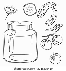 Canning set: jar, tomatoes and cucumbers. Linear illustration. Vector