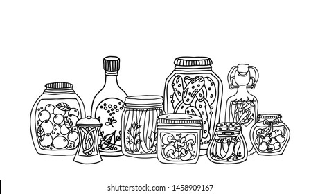 Canning vector illustration. Preserved food in glass jar and bottle banner. Hand drawn homemade marinated vegetables.