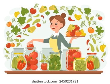 Verduras enlatadas. Comida en conserva. Mujer conservando productos naturales. Cocine en un delantal los tomates, los pepinos o los pimientos en frascos. Conservación para almacenamiento. Espléndido