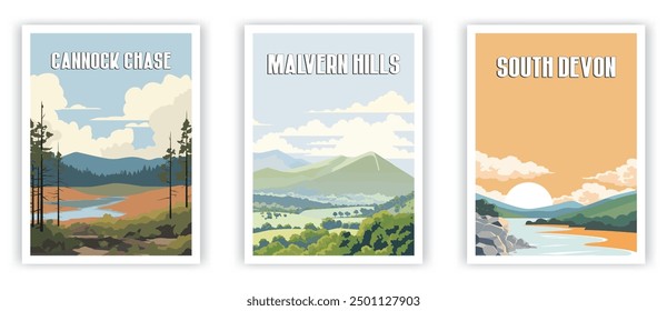 Cannock Chase, Malvern Hills, South Devon Illustration Art. Travel Poster Wall Art. Minimalist Vector art