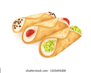Cannoli dessert with different fillings isolated on white. Vector illustration