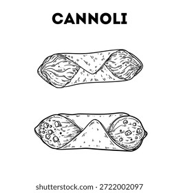 Cannoli sketch. Vector drawing  illustration. Italian food. Italian cuisine. Hand drawn. Top view. Not AI Generated.