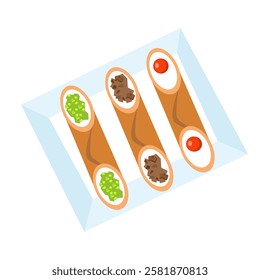 Cannoli traditional dessert of Italy. Food and sweets. Tubes of dough with filling. National cuisine. Isolated vector illustration on white background. 