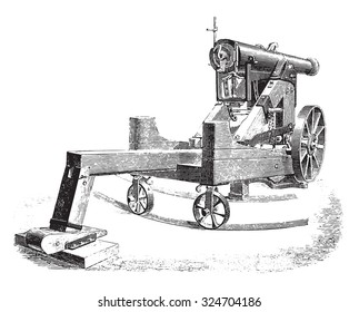 Cannon 138m/m on modified square lookout, vintage engraved illustration. Industrial encyclopedia E.-O. Lami - 1875.