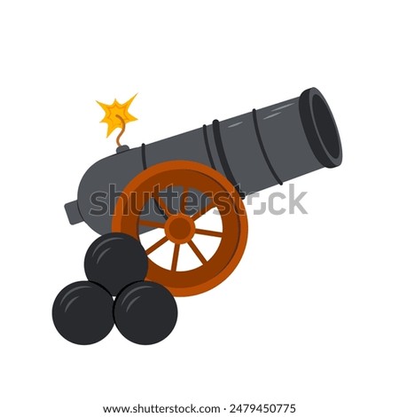 Cannon. Ancient cannon in flat style isolated on white background. Vintage cartoon cannon with core illustration.