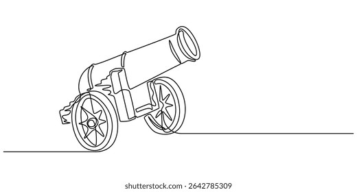 Diseño de minimalismo de dibujo continuo de una línea de cañón, dibujo continuo de una línea de cañón. Antiguo símbolo de defensa militar con detalles básicos de cañón y rueda, equipo de guerra del ejército en el campo de batalla.