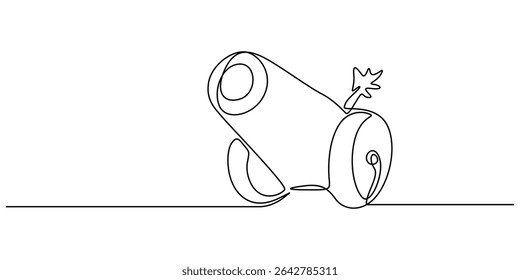 Cannon continuous one line drawing minimalism design, Continuous One line drawing of Cannon. Ancient military defense symbol with basic barrel and wheel details, Army warfare equipment in battlefield.