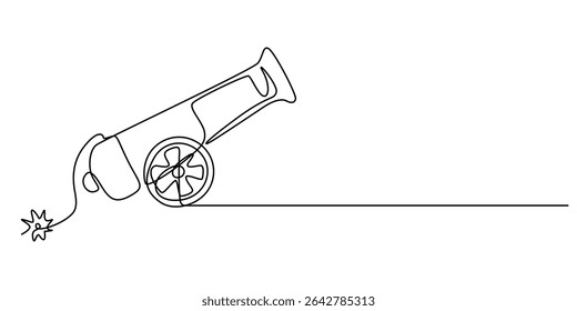 Cannon continuous one line drawing minimalism design, Continuous One line drawing of Cannon. Ancient military defense symbol with basic barrel and wheel details, Army warfare equipment in battlefield.