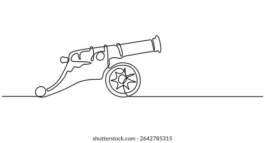 Cannon continuous one line drawing minimalism design, Continuous One line drawing of Cannon. Ancient military defense symbol with basic barrel and wheel details, Army warfare equipment in battlefield.