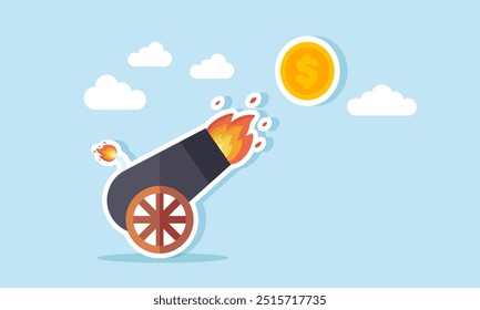 A cannon firing a gold dollar coin upon explosion, illustration of The dollar strength due to worsening economic conditions