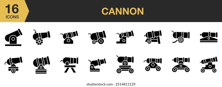 Conjunto de iconos de glifo de cañón. Incluye iconos de bombas de cañón y más. Colección de Vector de iconos sólidos.