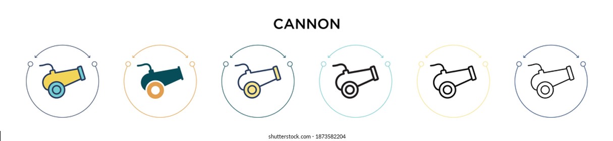 Cannon Icon in gefüllt, dünne Linie, Umriss und Strich Stil. Vektorgrafik von zwei farbigen und schwarzen Kanonen-Vektorgrafiken-Designs kann für mobile, i, web-gestützte