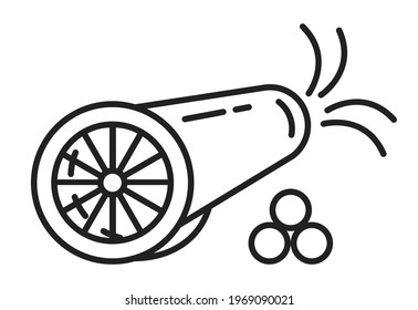 Cannon icon vector in line, outline style. Artillery gun for shooting, fireworks. Cannonballs, shot shown