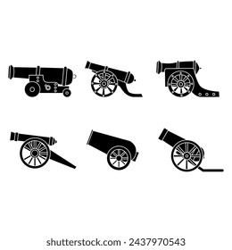 Conjunto de vectores de iconos de cañón. Colección de letreros de ilustración de artillería. Símbolo de arma o logotipo.