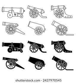 Kanonensymbol Vektor-Set. Artillerie Illustration Schildersammlung. Waffensymbol oder -logo.