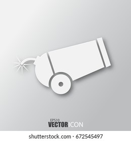 Cannon icon in white style with shadow isolated on grey background. For your design, logo. Vector illustration.