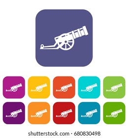 Cannon icons set vector illustration in flat style in colors red, blue, green, and other