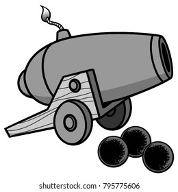 Cannon Illustration - A vector cartoon illustration of a cannon with some cannon balls.