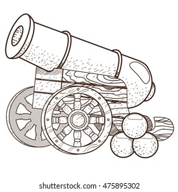 Cannon with nuclei. Weapons of the Middle Ages. Pirate theme.