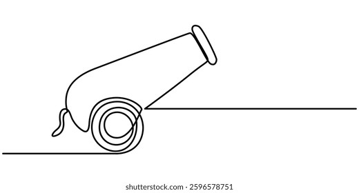 Cannon one line drawing. Cannon continuous line. Army warfare equipment in battlefield one line concept, Single one line drawing of cannon ball weapon with arrow symbol bullet missile. Business.