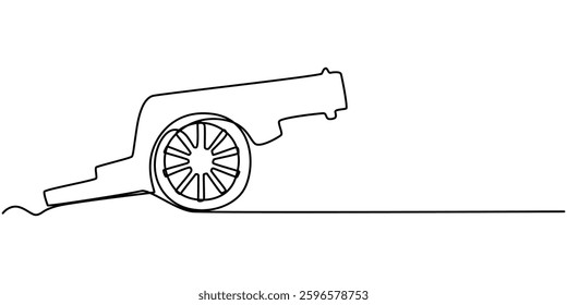 Cannon one line drawing. Cannon continuous line. Army warfare equipment in battlefield one line concept, Single one line drawing of cannon ball weapon with arrow symbol bullet missile. Business.