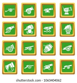 Cannon retro icons set vector green square isolated on white background 