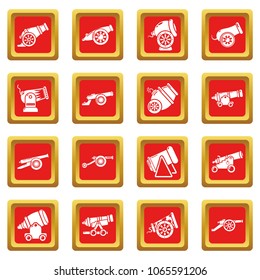 Cannon retro icons set vector red square isolated on white background 