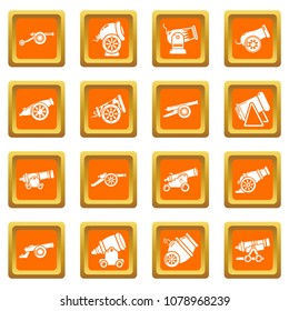 Cannon retro icons set vector orange square isolated on white background 