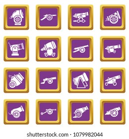 Cannon retro icons set vector purple square isolated on white background 