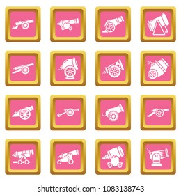 Cannon retro icons set vector pink square isolated on white background 