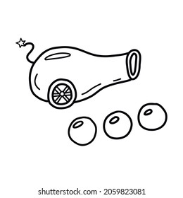 Cannon with shells. Ancient weapon with cannonballs to shoot. Black and white vector isolated illustration hand drawn doodle