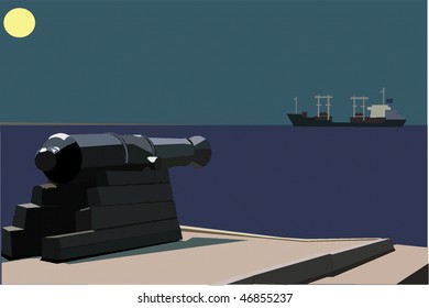 cannon and ship at night