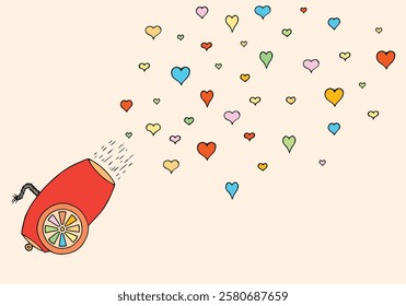 Cannon shoots colorful hearts. Valentine's Day.