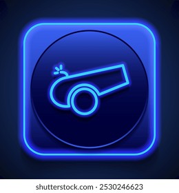 Cannon simple icon. Flat design. Blue neon style on button. With shadow.ai