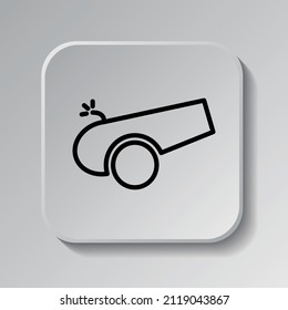 Cannon simple icon. Flat desing. Black icon on square button with shadow. Grey background.ai