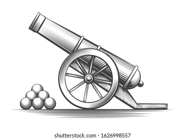 Cannon weapon firing. Antique cannons shooting, vector vintage weapons with cannonballs arsenal isolated on white background