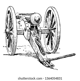 Cannon which is a movable canon on wheels, vintage line drawing or engraving illustration.