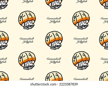 Cannonball jellyfish cartoon character seamless pattern on orange background