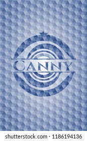 Canny blue badge with geometric pattern background.