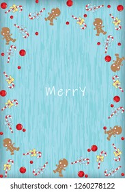 Canny, Candy stick and gingerbread man frame on blue wood background vector for decoration on Christmas holiday festival.
