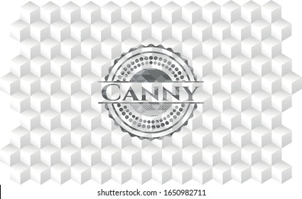 Canny grey badge with geometric cube white background