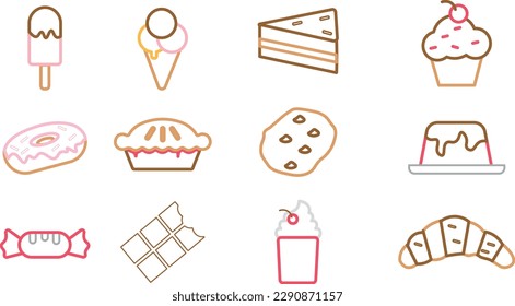 Canoas RS Brasil - April 18 2023: icon set of various desserts in colored lines for websites, advertisements and inphografics.