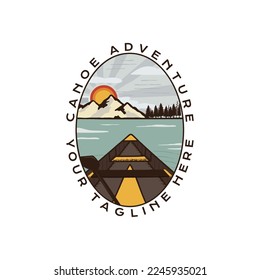 Canoe Adventure badge design with mountains and lake. Travel logo graphics. Stock vector camping label