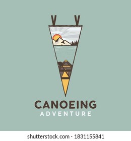 Canoe adventure logo, retro lake camping emblem design with kayak, mountains scene inside the pennant. Unusual vintage art retro style sticker. Stock vector patch