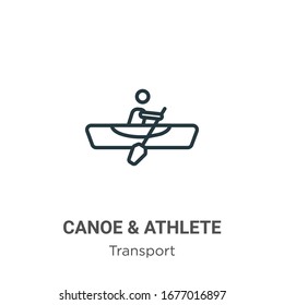 Icono de vector de contorno de canoa y atleta. Icono de canoa negra y atleta de línea delgada, ilustración de elemento simple vector plano del concepto de transporte editable trazo aislado en fondo blanco