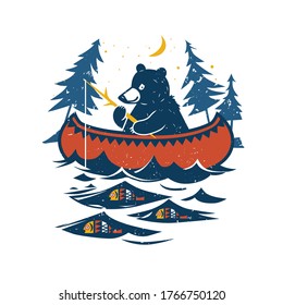 
 
Canoe, bear with fishing rod, river or lake, fish, moon, starry sky and spruce forest. Colored vector illustration . Cartoon style.