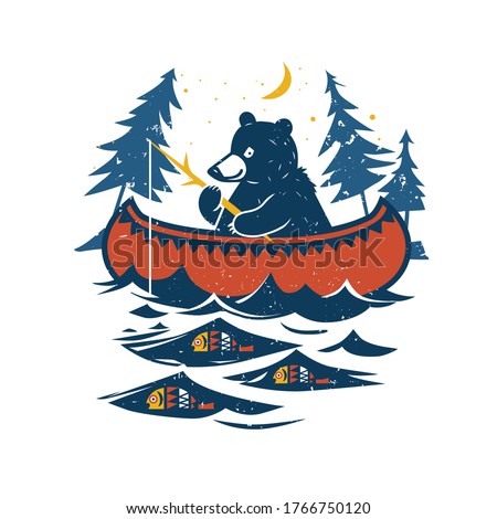 
 
Canoe, bear with fishing rod, river or lake, fish, moon, starry sky and spruce forest. Colored vector illustration . Cartoon style.