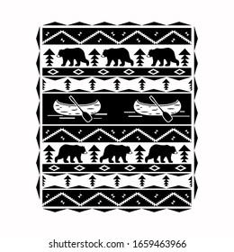 
 Canoe, bear, lake, geometric pattern. Rectangle area rug. Monochrome vector illustration.