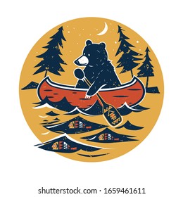 
 
Canoe, bear with paddle, river or lake,fish, moon, starry sky and spruce forest. Colored vector illustration in the circle. Cartoon style.
