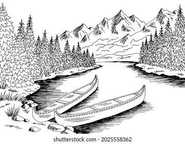 Canoe boat graphic river black white landscape sketch illustration vector